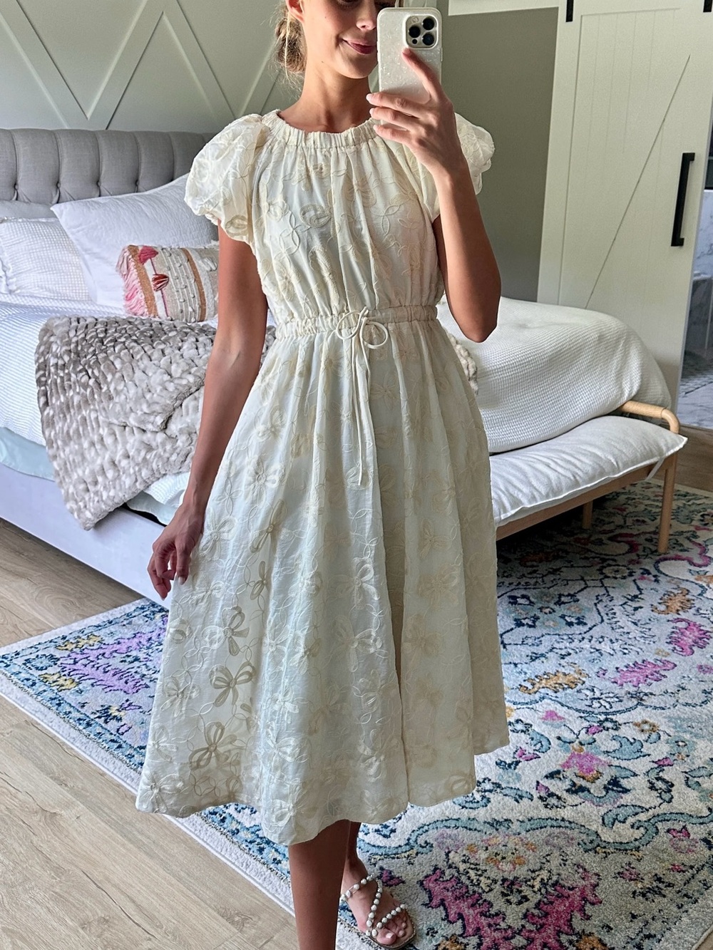 Neutral Cream Embroidered Midi Dress with Drawstring Waist